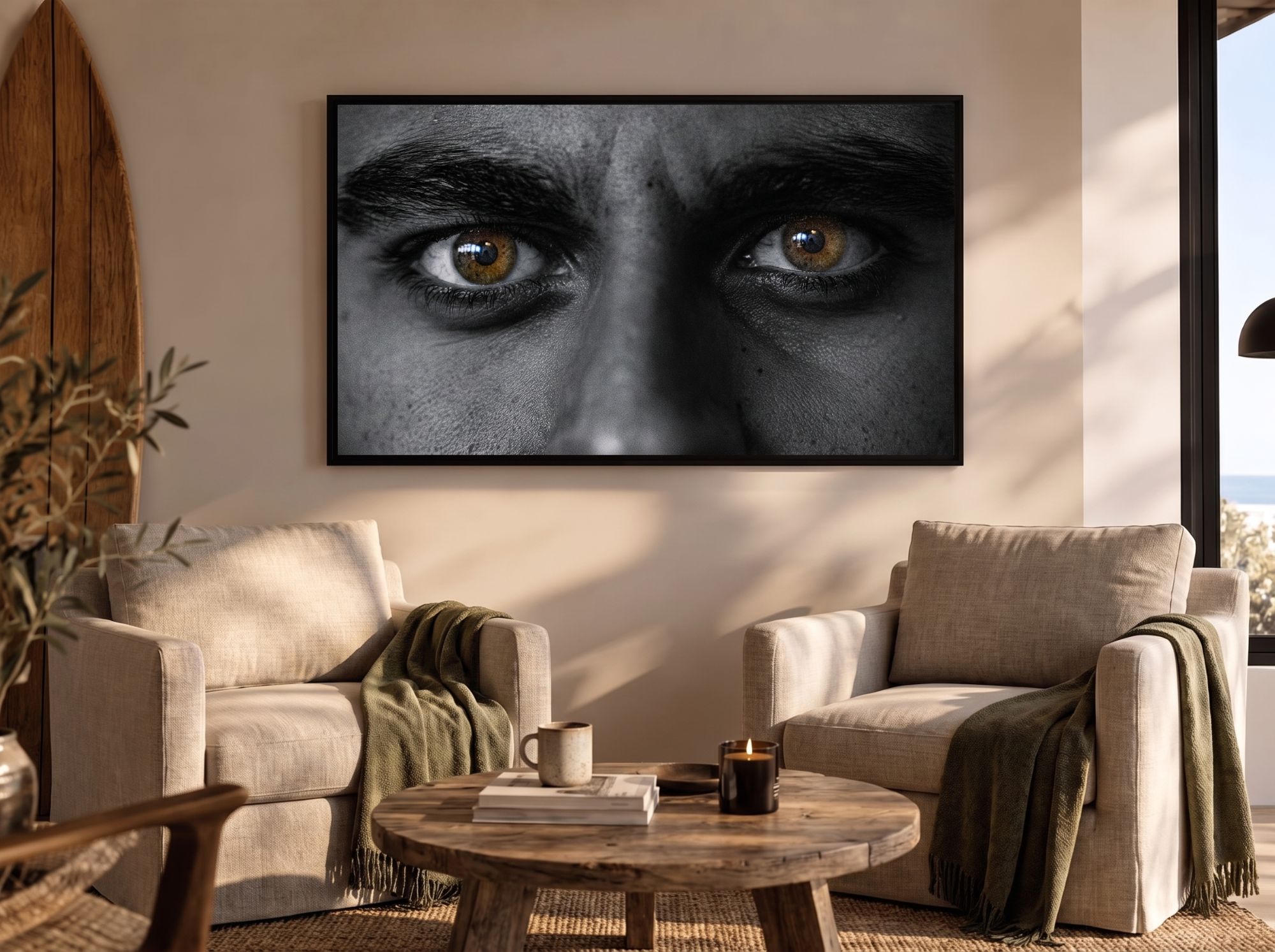 Le tirage « Regard d’ambre » en cadre noir, accroché au-dessus de deux fauteuils.