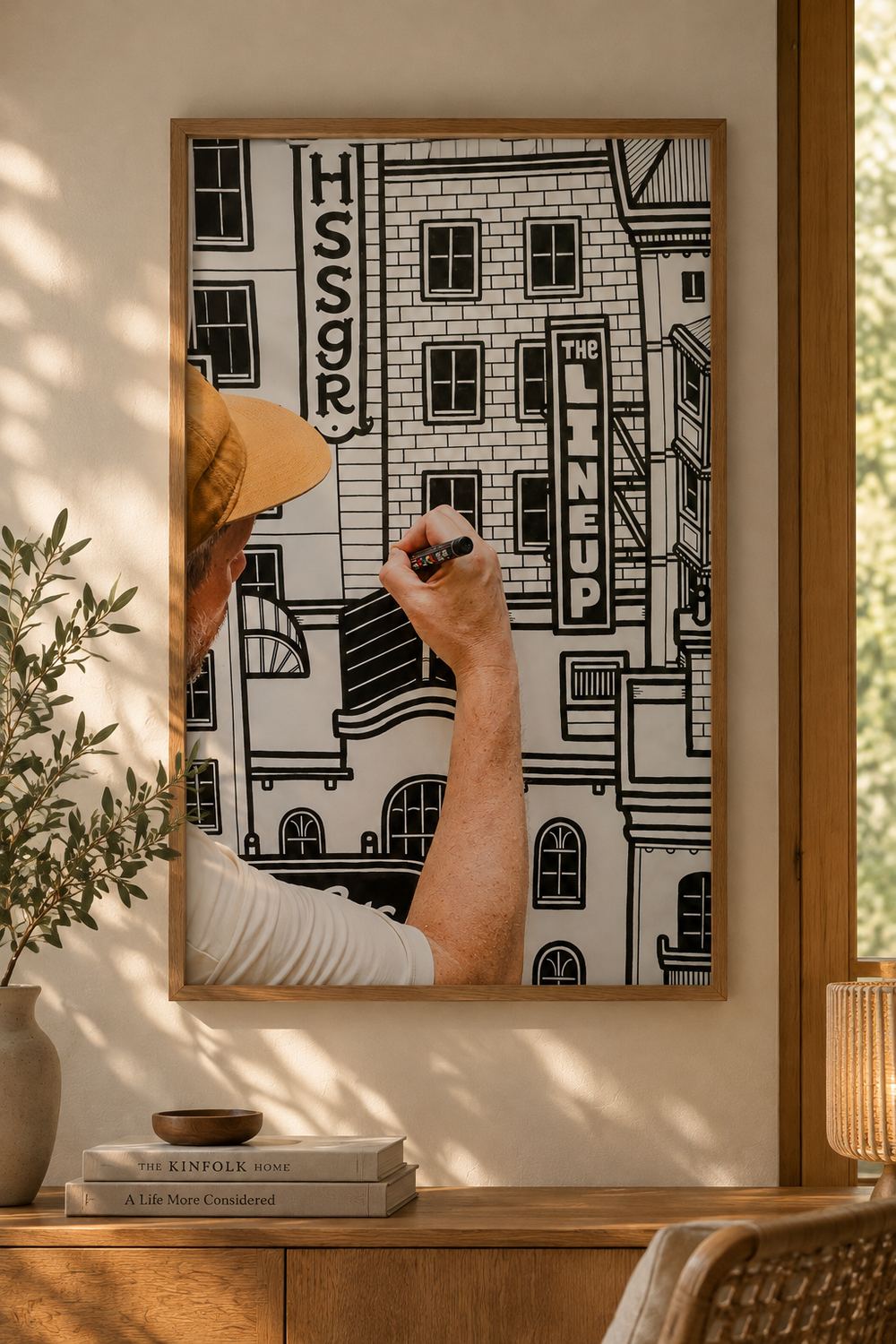 Le tirage « L’Encre des rues » en cadre bois, posé sur un meuble.